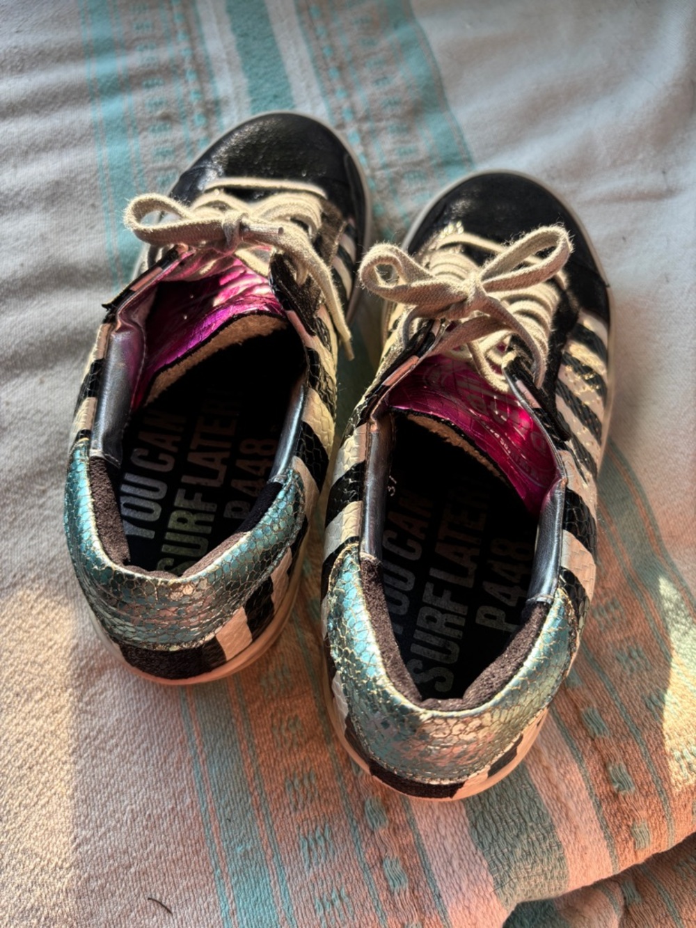 Womans Black & Teal Glitter Lace-Up Sneakers